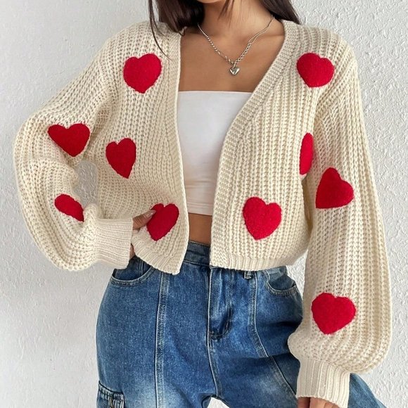 Multicolor Casual Womens Heart Pattern Drop Shoulder Duster Cardigan - Picture 1 of 5